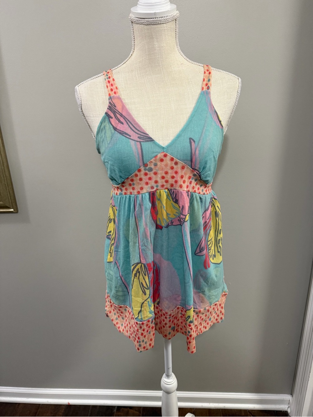 Sweet Pea by Stacy Frati Aqua Floral Trimmed Mesh Sleeveless Babydoll Tank Top